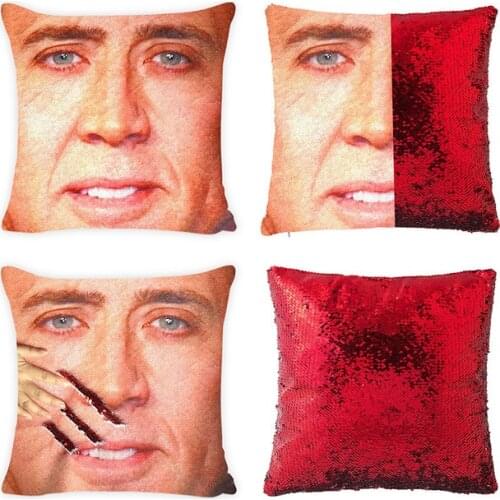 Mermaid Pillow Case Nicolas Cage Magic Pillowslip Reversible Sequin Pillow Cover Decorative Throw Cushion Case Hidden Fun