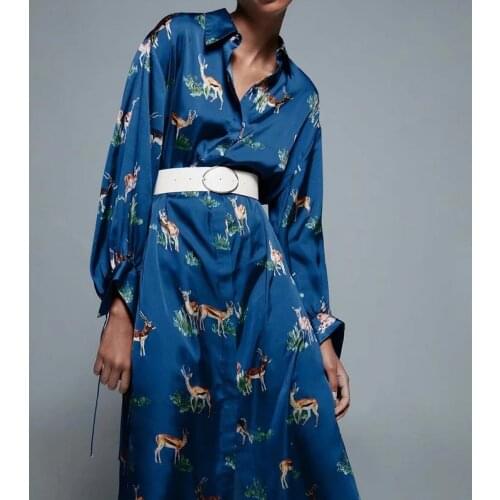 Palace style temperament long dress silk satin texture animal printed dress with belt