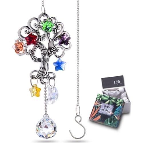 H&D Crystal Suncatcher Chakra Colors Moon and Star Prisms Tree of Life Window Hanging Ornament Rainbow Maker For Garden Decor