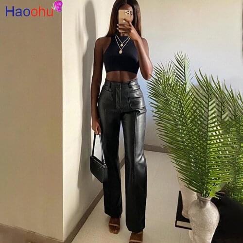 HAOOHU Spring PU Women Pants Sexy Club High Waist Push Up Straight Pants Comfortable Pantalon Femme Trousers