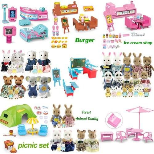Simulation Child Toy Gift1:12 Forest Family Tent Set Plush Doll Desk Ice Cream Burger Set Play House Rabbit Set Hospital Scene