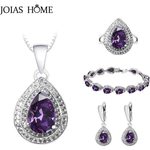 JoiasHome Water Drop Shaped Silver 925 Jewelry Set for Women Trendy Charms 16 colors Gemstones Ring Earrings Necklace Bracelet