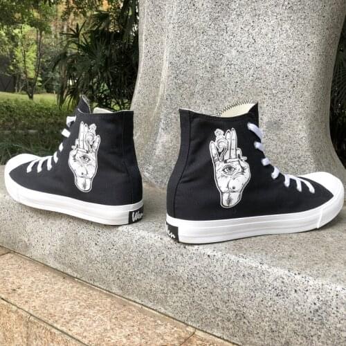 Wen Skate Shoe Eyes on The Palms Smoking Style Design Unisex Canvas Sneakers Black White High Top Adult Walking Plimsolls
