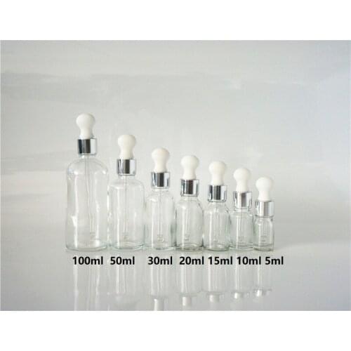 5/10/15/20/30/50/100ml Empty Essential Oil Bottle White Big Rubber Cover Silver Ring Dropper Head Clear Glass Containers