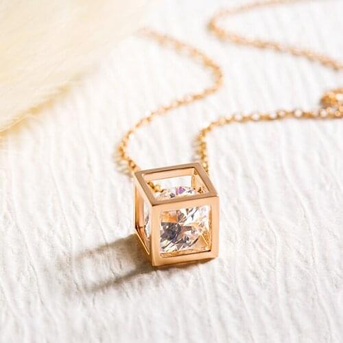 Crystal Rhinestone Cube Square Pendant Rose Gold/Gold/Silver Color Titanium Steel Necklace Jewelry Mothers Day Gift(GN243)