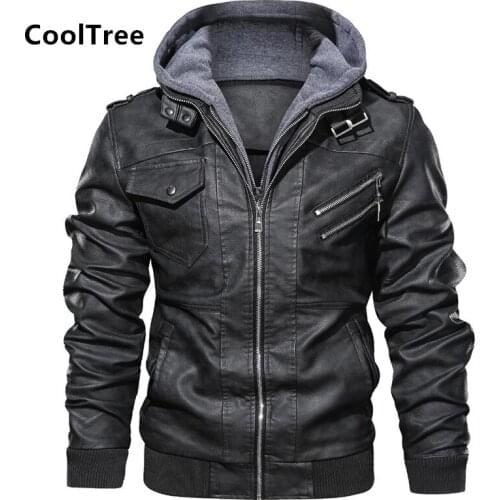 CoolTree Men Leather Jackets Spring Autumn Detachable hat Windproof Hooded PU Coats Male Casual Slim Fit Motorcycle Outerwear