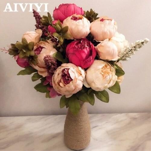 Hot High Quality Silk Fake flower Multi-use Wedding Party Home Decoration European Fall Vivid Peony Leaf Artificial Flowers