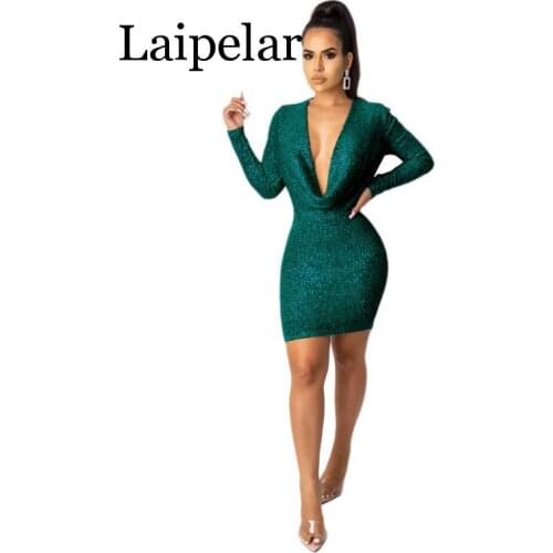 Fashion women high street fair maiden style short dresses long sleeve deep v pure color tight mini short dresses