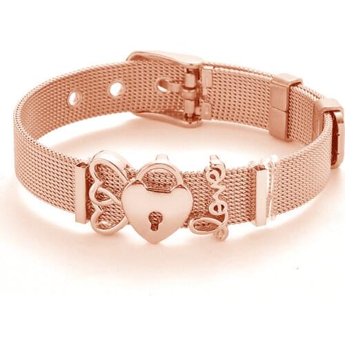 Fashion Rose Gold Color Stainless Steel Mesh Bracelet Set Gold Love Lock Charm Brand Bracelet Bangle for Woman Jewelry Gifts