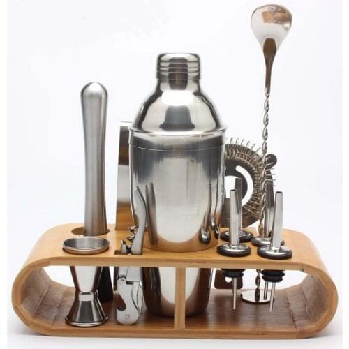 Cocaktailshaker 12 pcs stainless steel Cocktail Shaker set Silver color with Wooden Stand for Bar Party or Household use