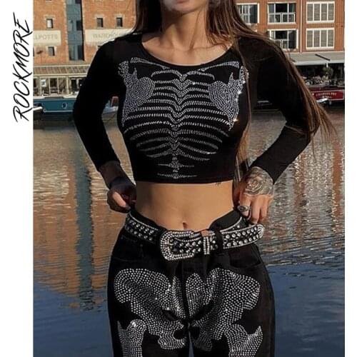 Rockmore Gothic Skull Rhinestone Crop Tops Streetwear Long Sleeve T Shirts Retro Graphic Tee 90s Dark Academia Grunge Fairycore