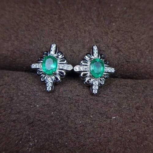 Cross Earring Natural emerald earring Free shipping Real original emerald 925 sterling silver 4*5mm 2pcs Gem