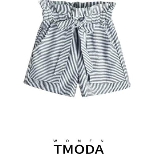 TMODA1293 Summer Casual Loose Za Shorts Women Beach Stripe Pockets Bandage Elastic High Waist Female Holiday Vocation Shorts