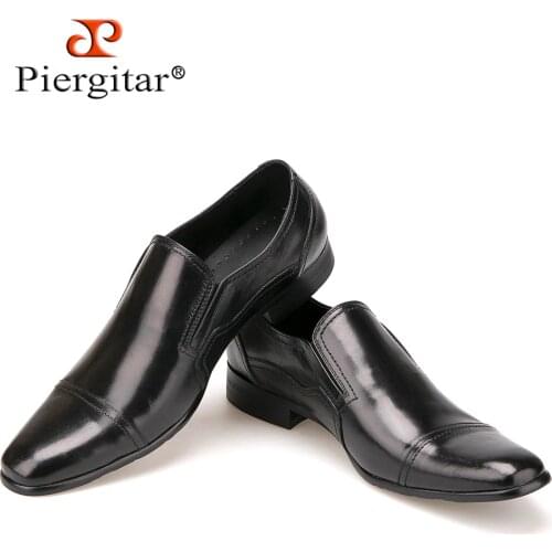 Pierigitar Black Leather Men Dress Shoes mens flats Formal Business Shoes Wedding Dresses Shoes Oxford Shoes Slip on square toe
