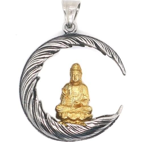 Unisex 316L Stainless Steel Guanyin Protect Lucky Pendant Free Chain