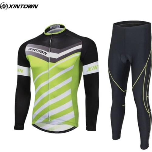 XINTOWN 2019 PRO Team Cycling Long Sleeve Jersey Mens Maillot Ropa Ciclismo Cycling Jersey Bib Pants Sets Bicycle Clothes Green