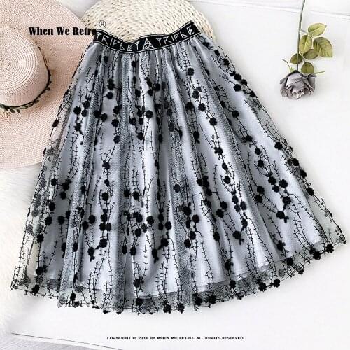 2021 New Arrival Women Black Embroidery Skirt VD2030 High Waist Summer Long Casual Midi Mesh Skirt