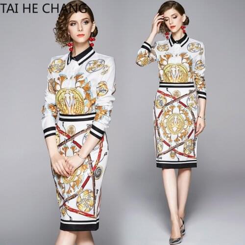 Women New Fashion Autumn Elegant Office Vintage Party Runway Print Long Sleeve Shirt + Mini Slim Skirt 2 Pieces Sets