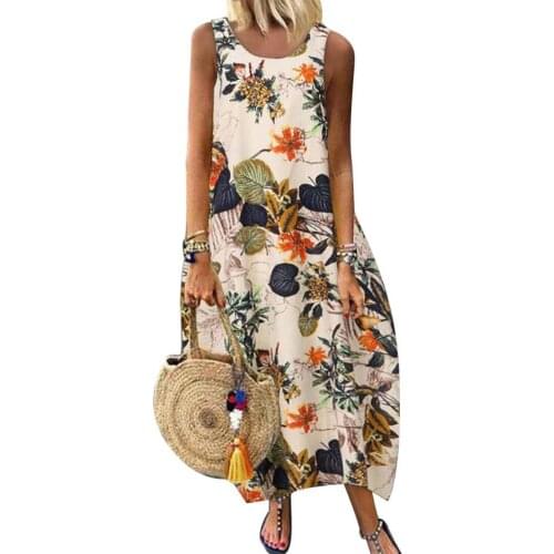 Women Dresses Vintage Sleeveless O Neck Leaves Floral Print Cotton Linen Long Baggy Dress Womens Clothing 2021