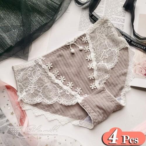 4Pcs/Lot Cute Daisy Womens Underwear Lace Panties Bow Seamless Underpants Sexy Lingerie Out Underwear Low Waist Thong Set