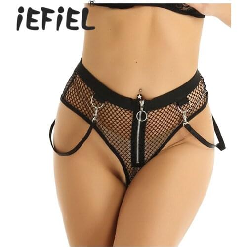Women See Through Sheer Fishnet Lingerie Mesh Triangle Panties Mid Rise Front Zipper with Detachable Side Straps Booty Shorts
