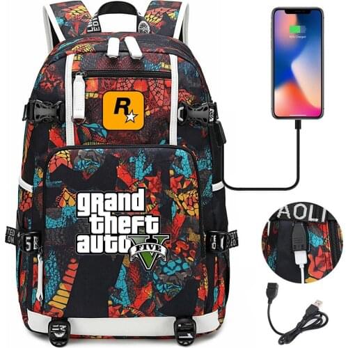 GTA5 Laptop Backpack Grand Theft Auto Men Women USB Charging Travel Backpack Mochila Multifunctional Waterproof School Bags