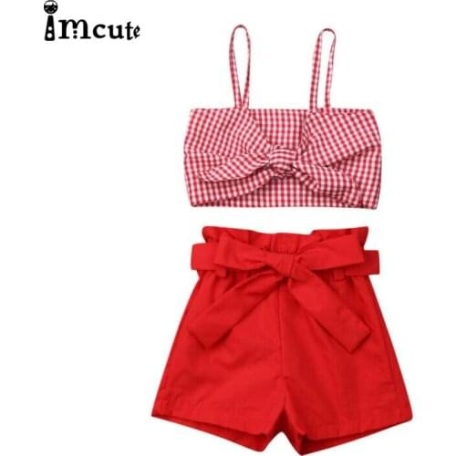 ImCute New Summer Clothes Toddler Baby Girl Clothes Bowknot Plaid Sling Crop Tops Shorts 2PCS Outfits Set 1-6T
