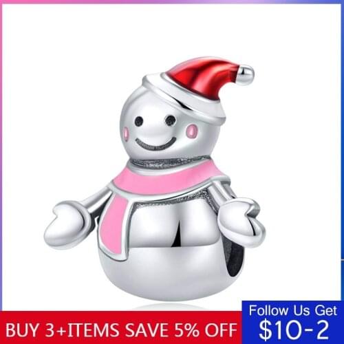 LByzHan Authentic 925 Sterling Silver Miss Snowman Red and Pink Enamel Charms Fit Bracelets & Bangles DIY Jewelry Making C854