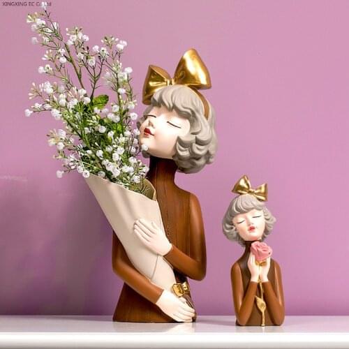 Cute Girl Home Decoration Accessories Vase Resin Statue Girl Crafts Tray Living Room Desktop Sculpture Decoration Wedding Gift