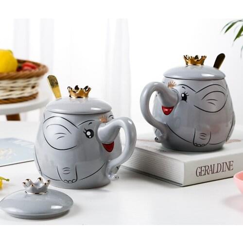 Cartoon Stereo Relief Elephant Ceramic Coffee Mug With Lid Spoon Home Office School Milk Tea Water Mugs Drinkware Cup Gifts