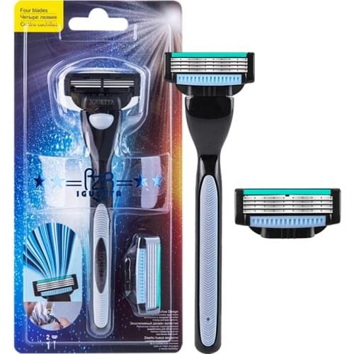 1 Handle +2 Blades Men Shaving Razor Blade Set Compatible Stainless Steel Manual Shave Razors Sharp 4 Layers Blades