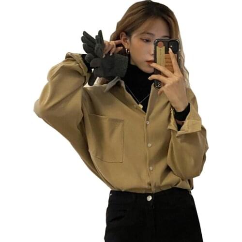 New 2021 Women Spring Summer Blouse Shirts Oversize Elegant Solid Pocket Korean Style Office Lady Wild Tops Blouses CL824