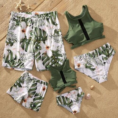 PatPat New Summer Family Look Solid Top and Floral Print Shorts Matching Swimsuits