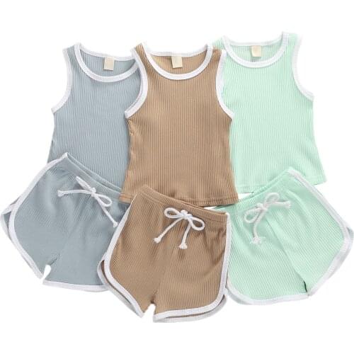 Toddler Baby Boy 12M-5T Clothes Summer Solid Color Sleeveless Knitted Cotton Tops Short Pants 2Pcs Outfits Casual Clothes Set