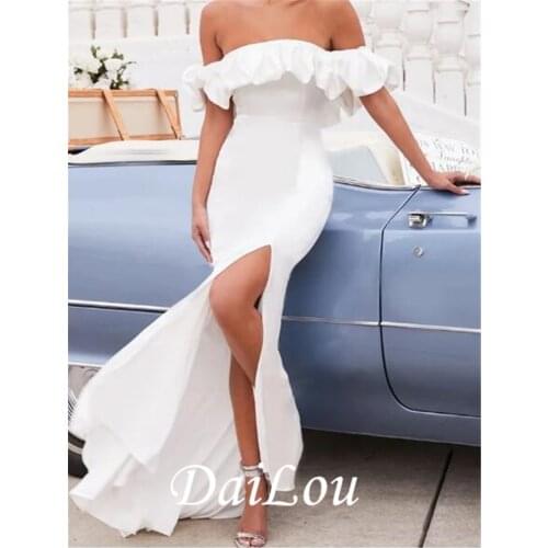 Mermaid / Trumpet Minimalist Sexy Engagement Prom Dress Off Shoulder Sleeveless Sweep / Brush Train with Ruffles Split 2021