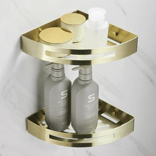 Shower Caddy Rack Punch Free Gold Brushed Bathroom Shower Basket 1 Layer Corner Shelf Double Wall Stainless Steel Storage Rack