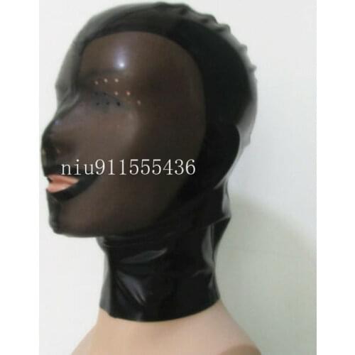 Transparent Black and Black Latex Hood with Small Eyes holes Back Zip Fetish Hood Mask for Face Women