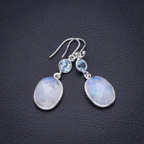 Natural Rainbow Moonstone And Blue Topaz Handmade 925 Sterling Silver Earrings 1.75" D3323