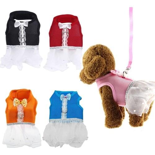 5 Colors Mesh Dog Harness Leash Set Bowtie Small Dog Cat Dress Harness Collar Pet Lace Tutu Skirt Vest Harness Clothes Supplies