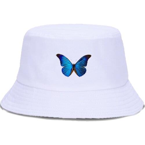 Blue Butterfly Bucket Hat Foldable Cotton Harajuku Fishermans Hats Sunscreen Casual Beach Sun Cap Unisex Outdoor Panama Caps
