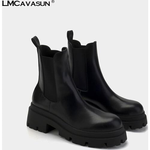 LMCAVASUN Ankle Boots For Women Slip On Women Chelsea Boots Black Leather Chunky Heel Platform Boots Women Winter Shoes