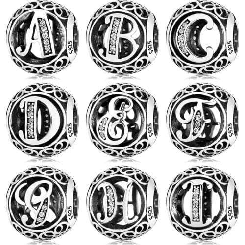 925 Sterling Silver Hollow Beads Letter A to Z trendy Womens Accessories Fit Original European Charms Bracelets Jewelry Making