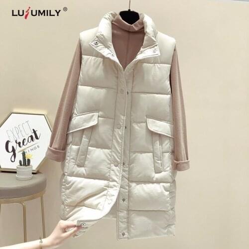 Lusumily Women Long Vest Winter Warm Loose Sleeveless Jacket Female Mid-length Cotton Padded Parka Down Coat Waistcoat Jacket