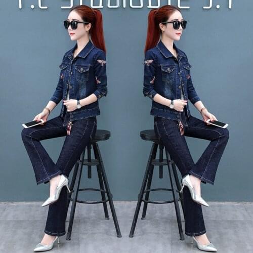 New Two-piece Set Womens Embroidery Demin Jacket And Demin Flare Pants Spring And Autumn 2-Piece Set