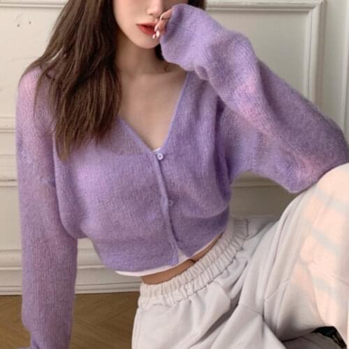 V-neck Soft Sweater Cardigan Jacket Thin Female 2021 New Spring and Autumn Cashmere Mohair Short Slim Long Sleeve Jacket
