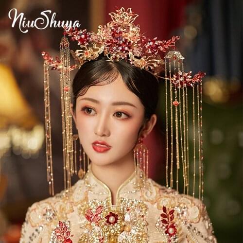 NiuShuya Vintage Chinese Satyle Gold Beaded Bridal Headdress Jewelry Ancient Hair Crown Long Tassel Women Wedding Hair Ornaments