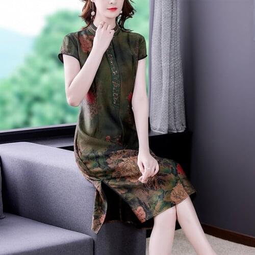 Summer Chinese Style 4XL Plus Size Dress 2021 Vintage Floral Mulberry Silk Satin Midi Dress Women Elegant Bodycon Party Vestidos