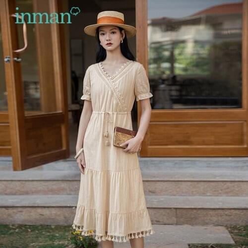 INMAN Summer Dress Women Elegant Sweet Style Hollow Macrame Cross Collar Drawstring Waist Tassel Hem Cotton A-Line One-Piece
