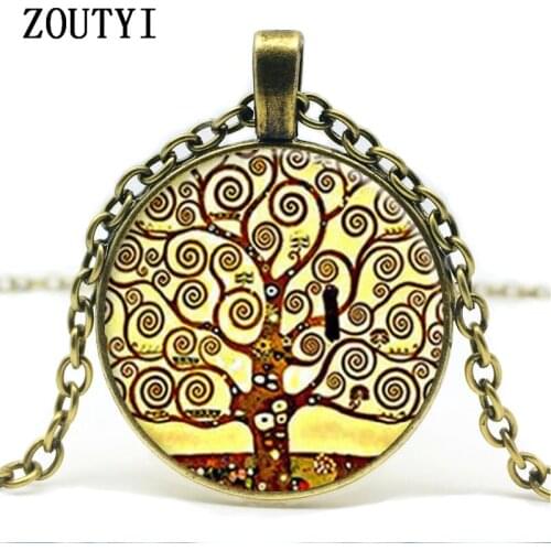 2018/ new wholesale silver color dome life tree pendant necklace Gustav Klimt art painting glass cabochon pendant