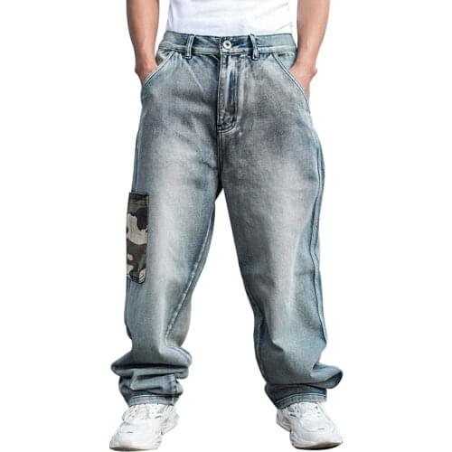 2021 Loose Jeans Men Denim Pants Baggy Straight Camouflage Pocket Hip Hop Skateboard Light Blue Wide Leg Trousers Large Size 46